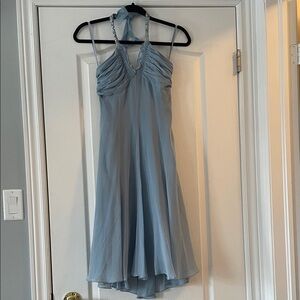 BCBGMaxAzria Dusty Blue Beaded Halter High-Low Chiffon Dress